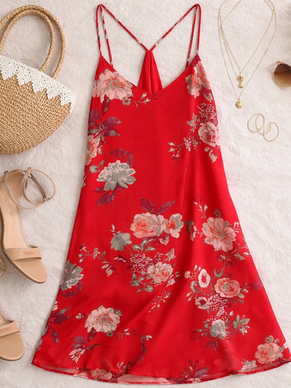 Red Floral Strappy Slip Dress – Lightweight Summer Vacation Dress – Size Small